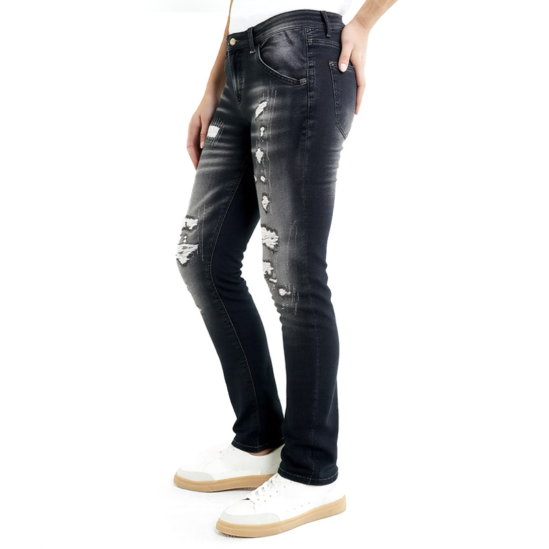 Calças Jeans Pretas Ripped Premium Personalizadas com Zíper Dourado Decorativo Corte Reto