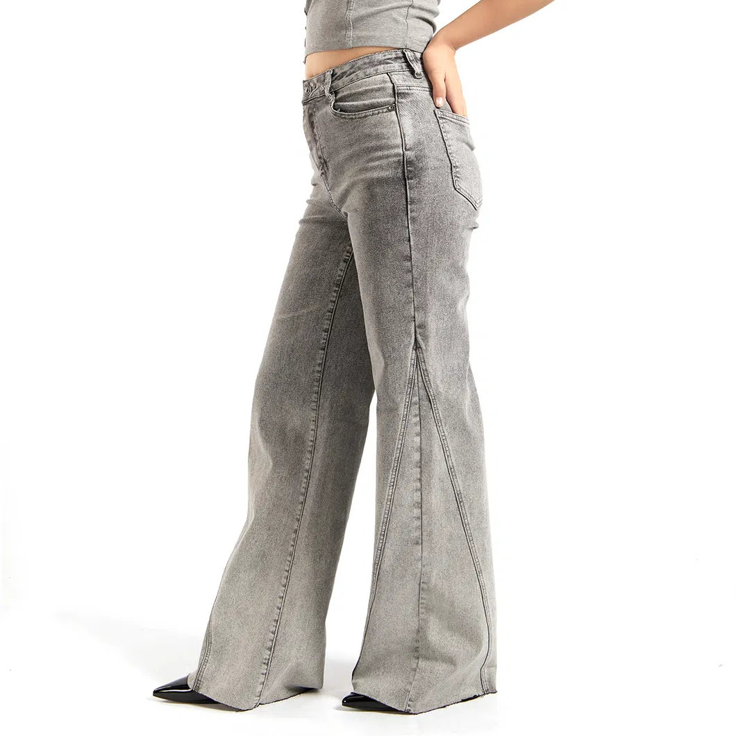 Calças de Jeans Cinza de Cintura Alta para Mulheres, Modelo Wide Leg, Ajuste de Mãe, Tecido Denim