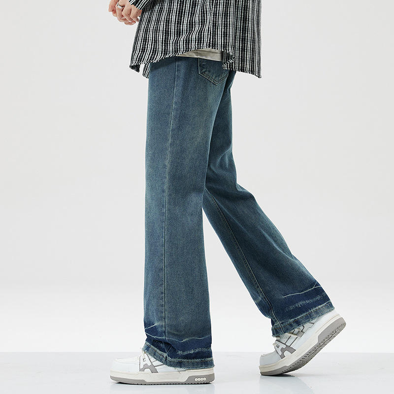 Calças largas de cintura alta estilo americano, jeans retro levemente flare para homens, calças de denim em branco para casais
