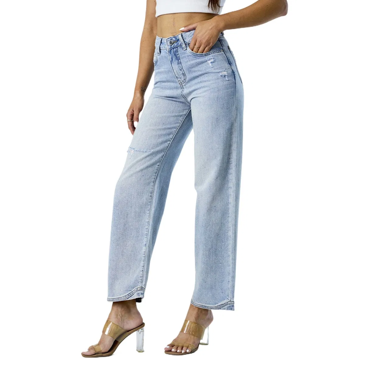 Calças de jeans mom de cintura alta, azuis, lavadas, soltas e casuais, com barra curvada para mulheres