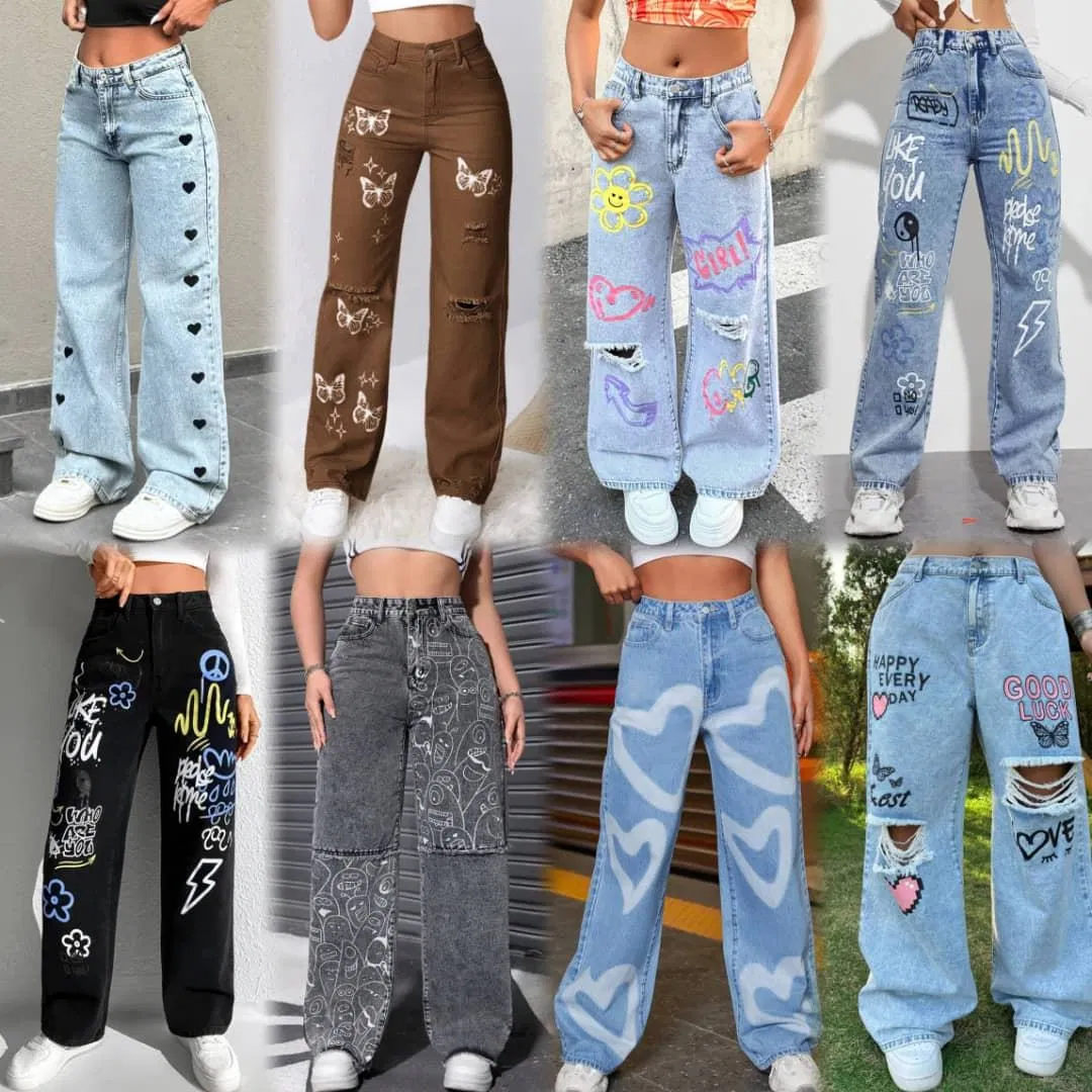Calças Jeans de Cintura Alta Femininas com Estampa Retrô, Estilo Confortável para Primavera Verão XL