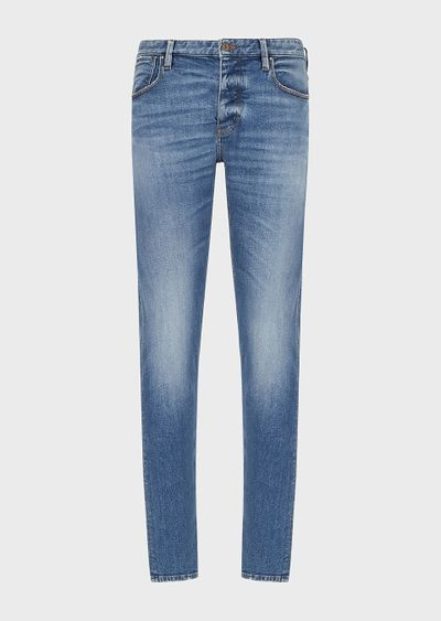 J75 Jeans de Denim Slim-Fit, Lavados com Pedra, Efeito Usado e Sujo
