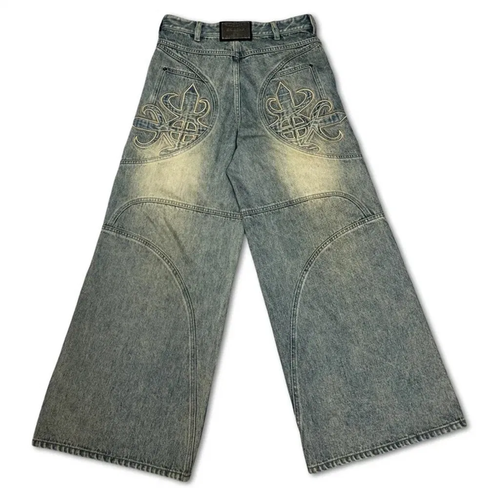 Calças Jeans Masculinas Personalizadas Estilo Desgastado Baggy Denim Bordado Estilo de Rua Pesadas Lavadas com Ácido Y2K Hip Hop Americano Retrô Calças Largas
