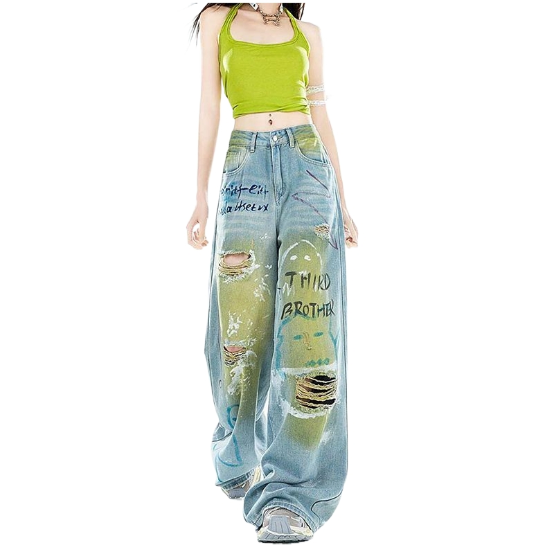 Verão Novo Estilo Impressão de Letras Design Relaxado Único Ajuste Solto Calças de Mendigo Calças de Denim Femininas Jeans Femininos Calças Rasgadas