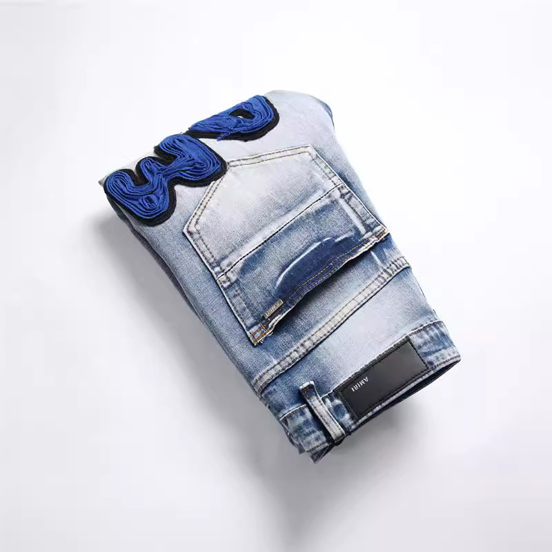 Calças masculinas jeans azul claro, tendência de pornografia, elástico, slim, moda, calças masculinas Amir