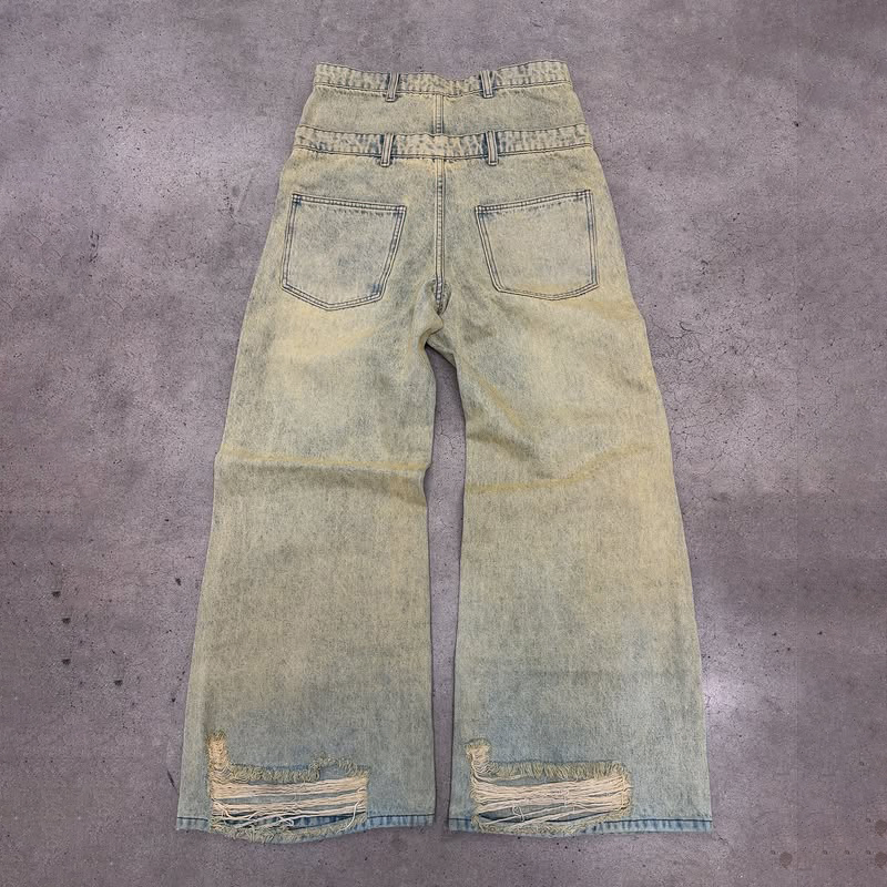 Calças Jeans Masculinas Baggy de Cintura Alta Lavagem Ácida Vintage de Perna Larga Desgastadas em Denim