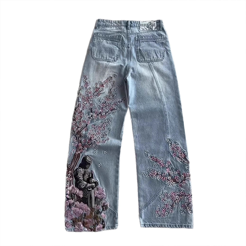 Jeans de Denim Masculinos Vintage Oversized de Perna Reta Acid Wash Azul 3D-Embroidered de Alta Qualidade por Atacado Hip-Hop