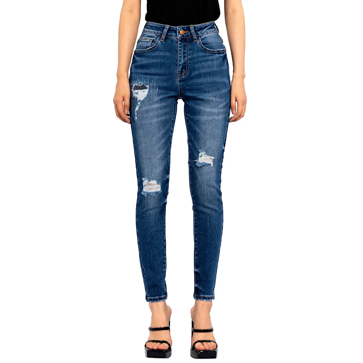 Jeans skinny rasgados lavados de verão para mulheres