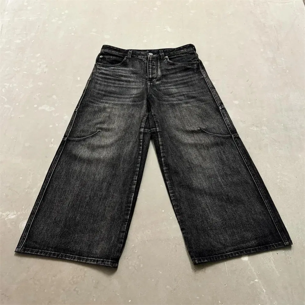 Calças Jeans Masculinas Personalizadas Estilo Desgastado Baggy Denim Bordado Estilo de Rua Pesadas Lavadas com Ácido Y2K Hip Hop Americano Retrô Calças Largas
