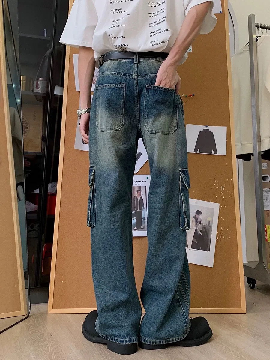 Calças casuais largas retas com bolsos grandes, macacão de denim para homens
