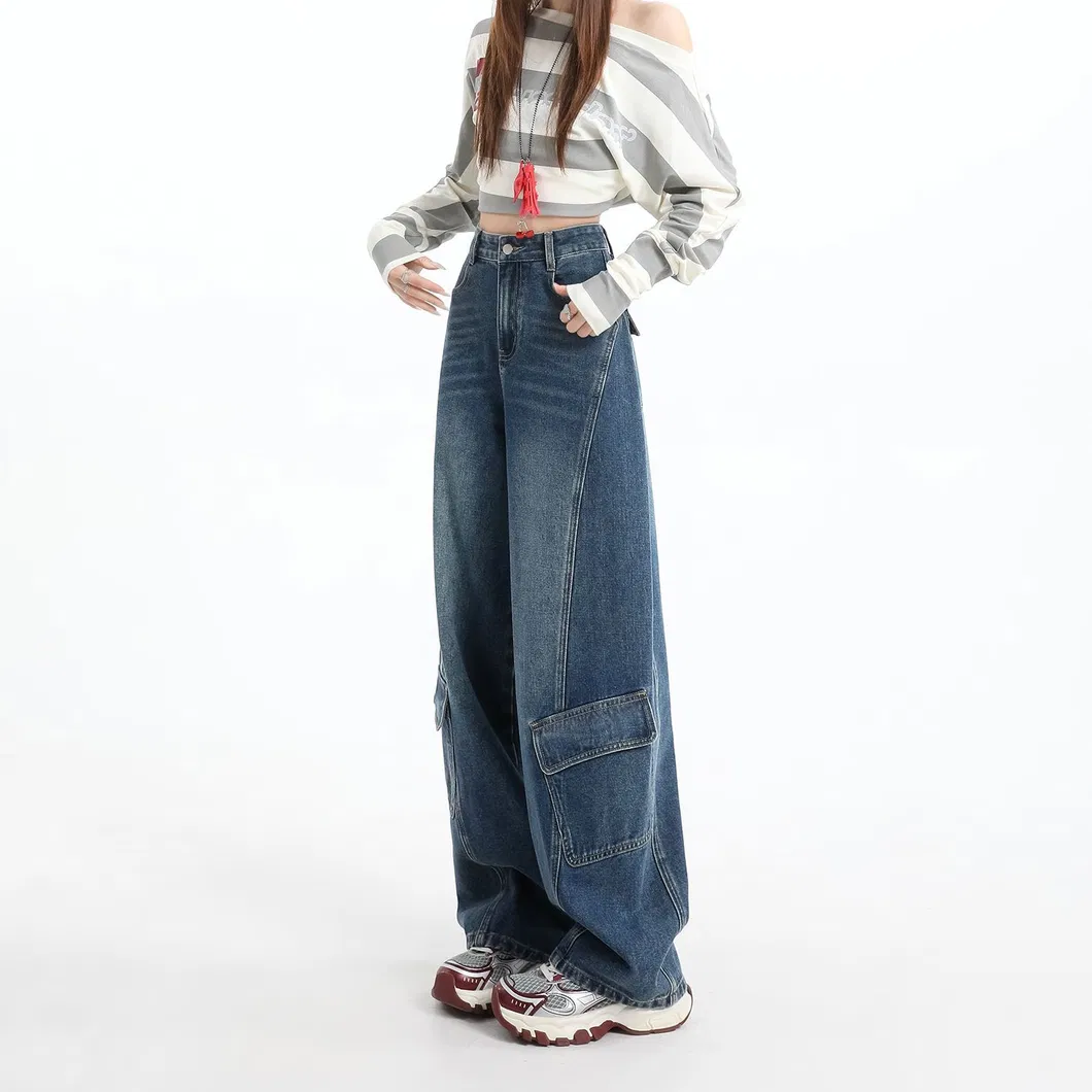 Baixa MOQ Calças Cargo Baggy Femininas de Cintura Alta Jeans Vintage Lavados de Perna Larga Moda de Rua