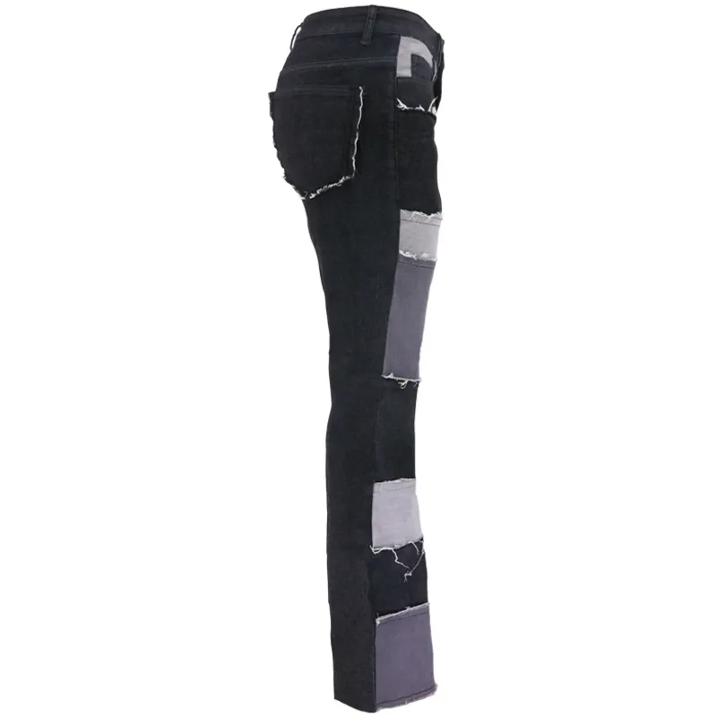 Calças Flare Femininas de Cintura Alta com Barra Desfiada, Jeans de Denim Skinny