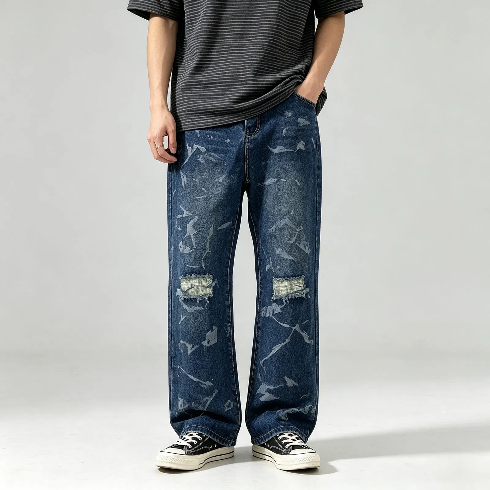 Calças largas vintage personalizadas com aplique de chamas e bordado, calças de denim baggy para homens, jeans góticos desgastados e distorcidos para moda de rua