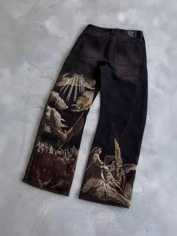 Calças jeans masculinas de denim pretas, oversized, de perna reta, acid washed, vintage