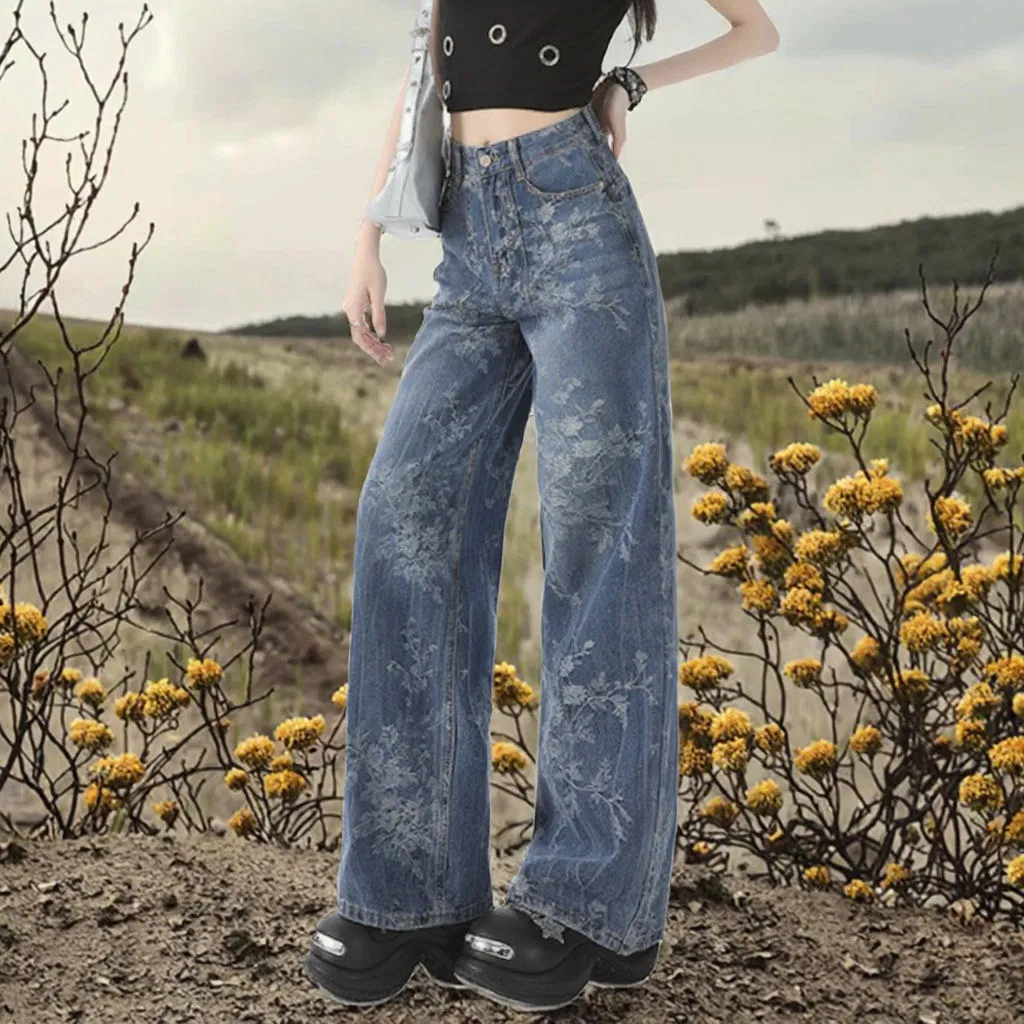 Calças de Jeans Jacquard Azul Retro Femininas de Cintura Alta com Padrão Floral, Respirável, Largas e Soltas, Design de Pernas Largas para o Outono