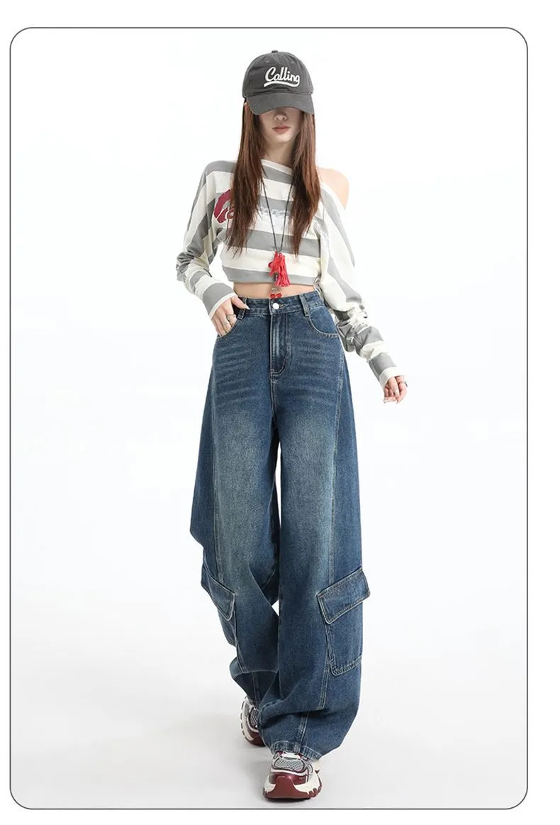 Baixa MOQ Calças Cargo Baggy Femininas de Cintura Alta Jeans Vintage Lavados de Perna Larga Moda de Rua