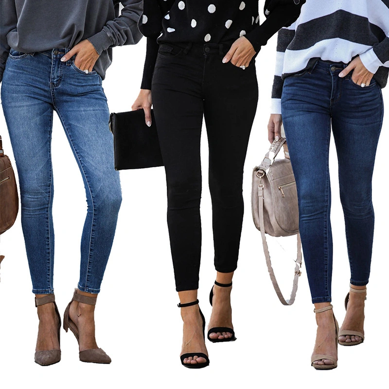 Calças femininas cropped jeans slim fit com cintura média e pernas pequenas