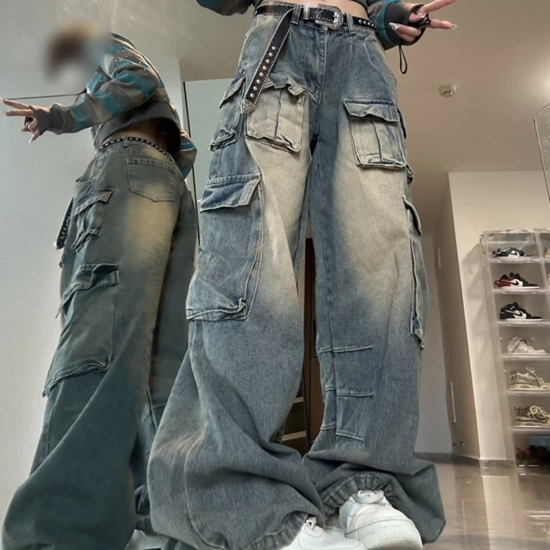 Calças femininas largas de cintura baixa para carga oversized, personalizadas, com múltiplos bolsos, jeans baggy de streetwear