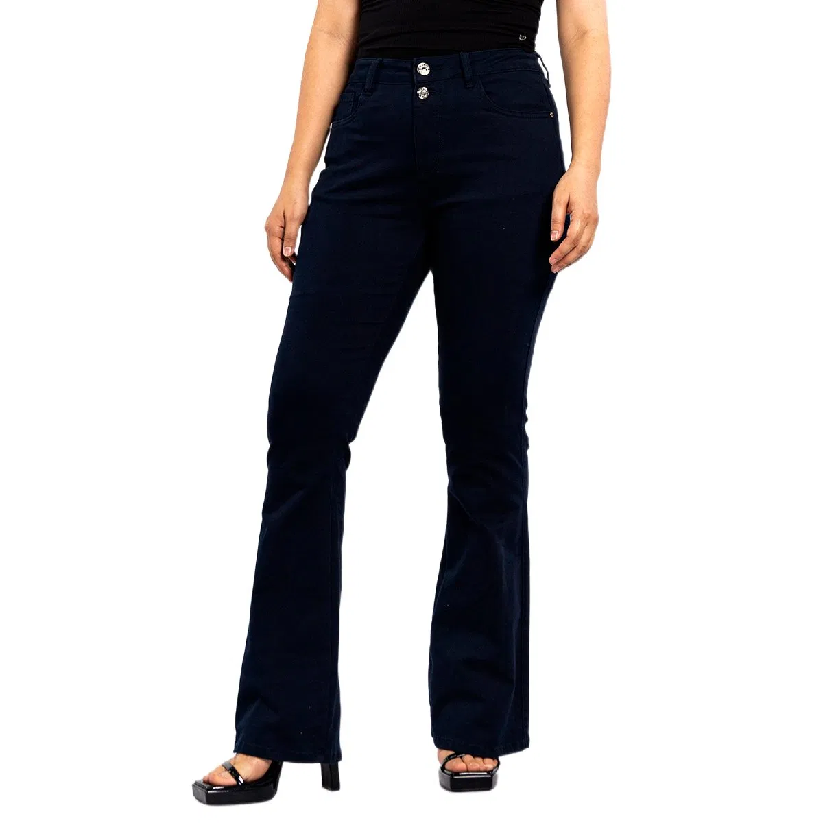 Calças casuais skinny flare azul escuro de dois botões para mulheres