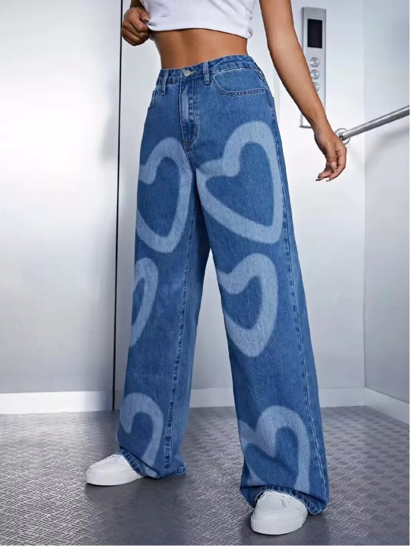 Calças Jeans de Cintura Alta Femininas com Estampa Retrô, Estilo Confortável para Primavera Verão XL