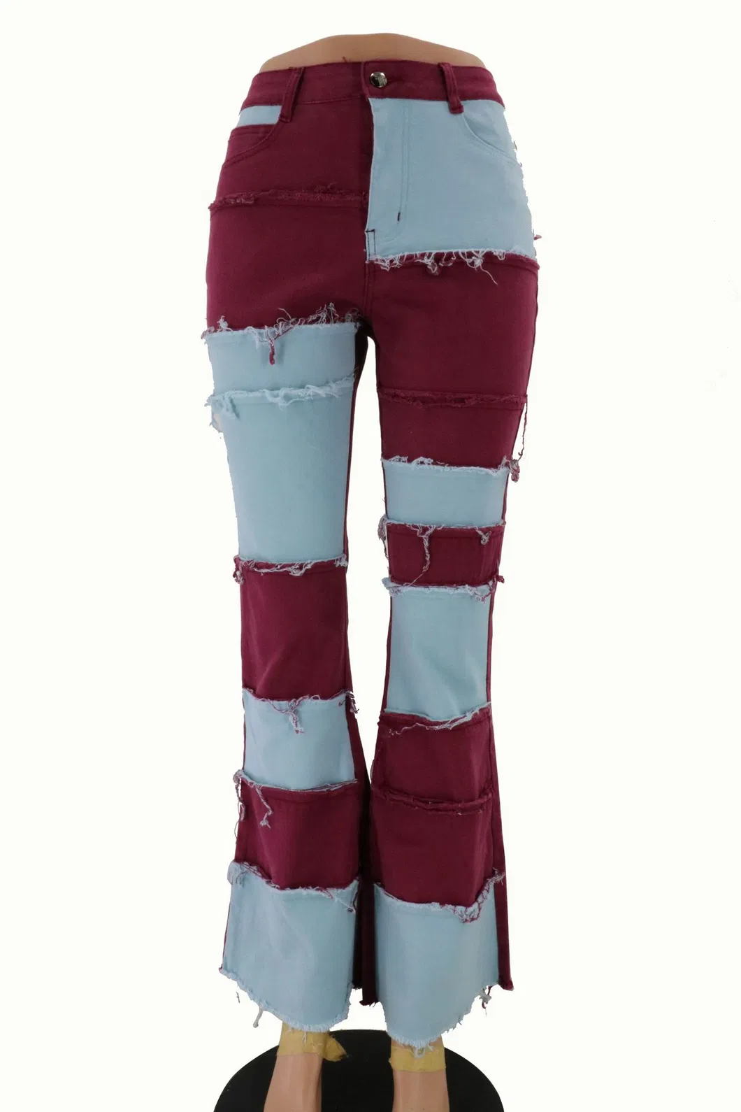 Calças Flare Femininas de Cintura Alta com Barra Desfiada, Jeans de Denim Skinny