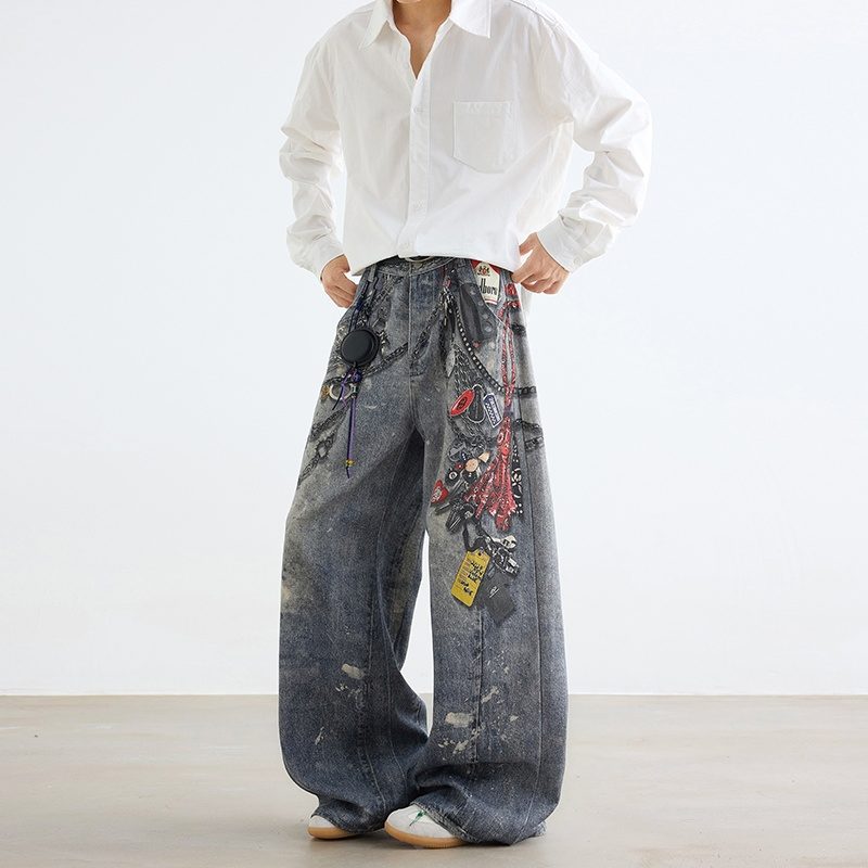 Fabricante de Calças Jeans Masculinas Atacado Fábrica Ajuste Relaxado Lavagem Ácida Denim Macio Design com Furos Eco Lavado Moda de Rua Atacado Exportação OEM ODM Logotipo Personalizado