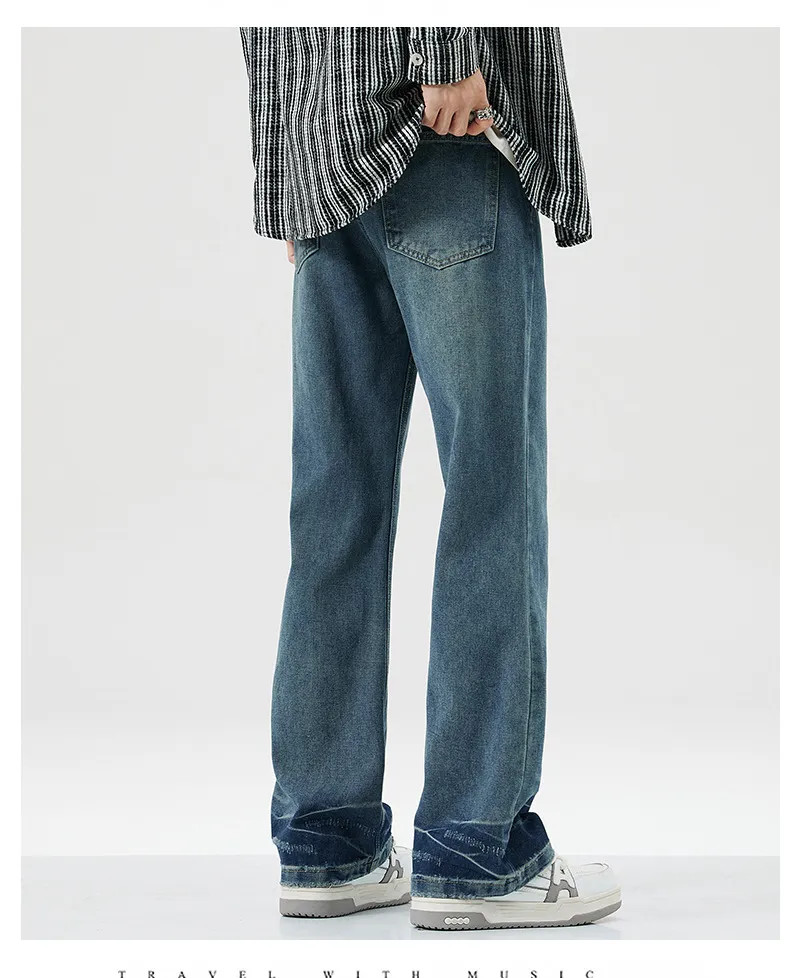 Calças largas de cintura alta estilo americano, jeans retro levemente flare para homens, calças de denim em branco para casais
