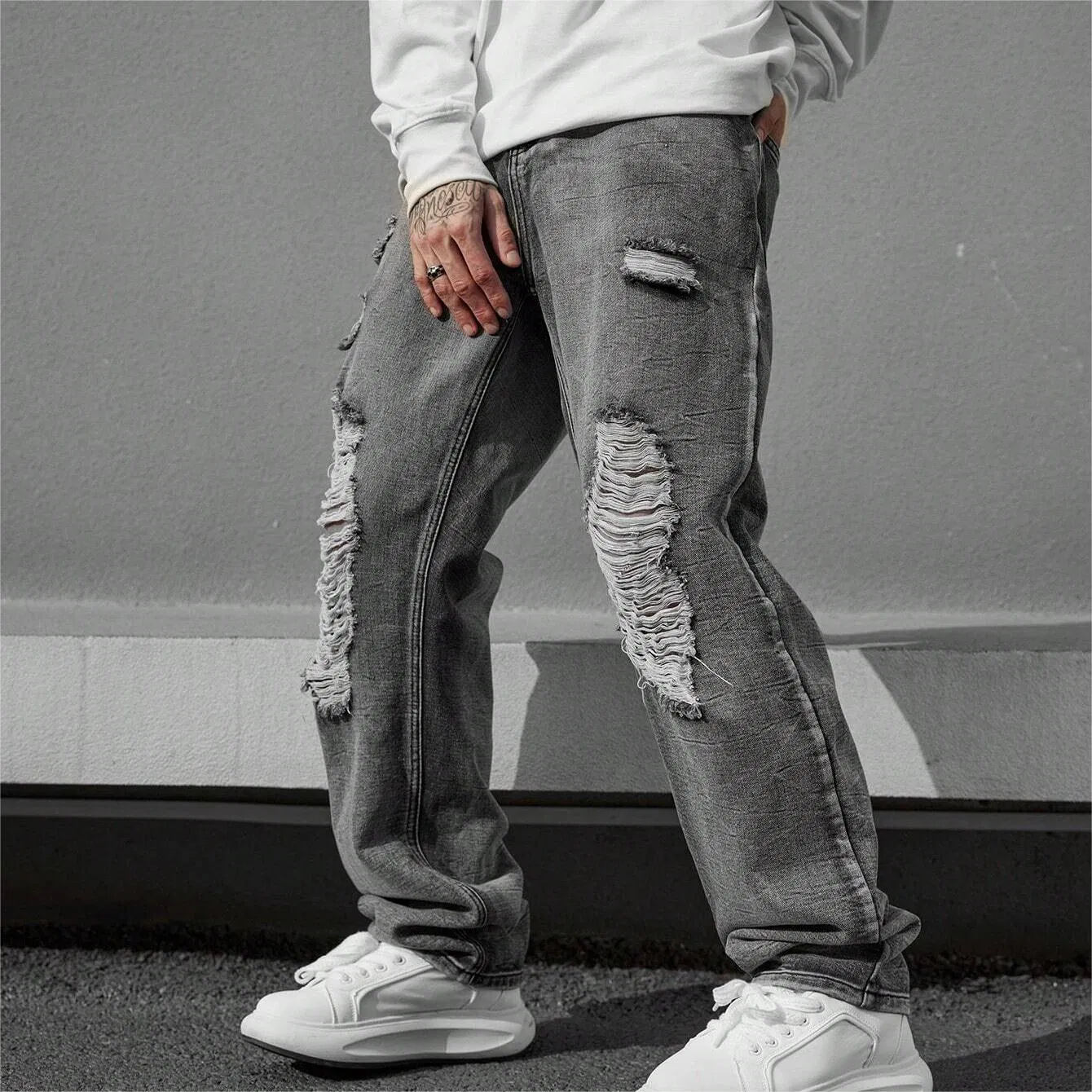 Fábrica OEM de Alta Qualidade Calças Cinzas Streetwear Roupas Baggy Personalizadas Jeans Masculinos Rasgados Ajuste Solto Cinza