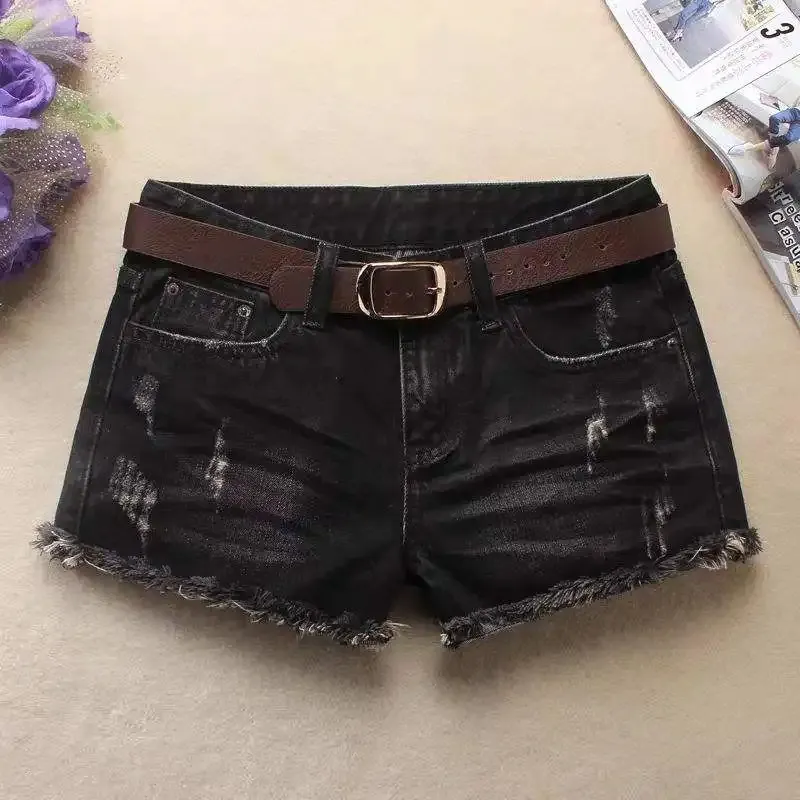 Shorts Casuais de Denim Femininos de Cintura Alta Retro Artificial com Ajuste Slim
