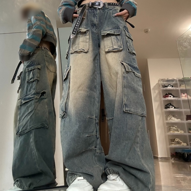 Calças femininas largas de cintura baixa para carga oversized, personalizadas, com múltiplos bolsos, jeans baggy de streetwear