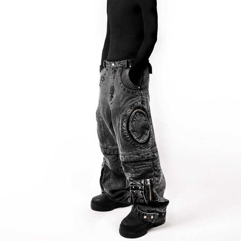 Fabricante OEM de Alta Qualidade Calças Cargo de Denim Punk Rock Hip-Hop Streetwear para Homens com Múltiplos Bolsos Grandes