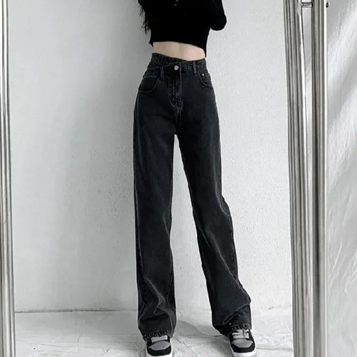 Calças Jeans Femininas Azuis de Cintura Alta Casuais Respiráveis com Franjas Largas