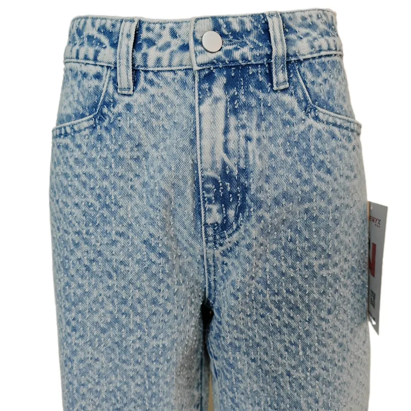 Calças Jeans Femininas de Cintura Alta Lavadas Azuis Casuais Moda Perna Larga Ajuste Solto Botão Bolsos Buraco Sexy Sólido Venda Quente