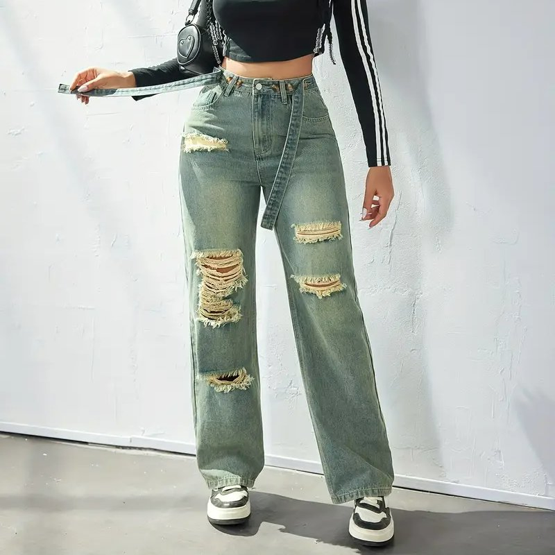 Calças Jeans Vintage Baggy Azuis de Perna Reta Rasgadas com Efeito Desgastado Ajustadas para Menina