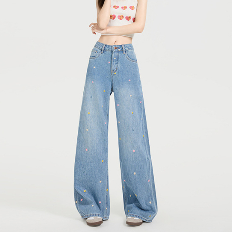 Calças de jeans femininas de denim vintage bordadas de alta qualidade, largas e retas, com ajuste relaxado, atacado de alta rua