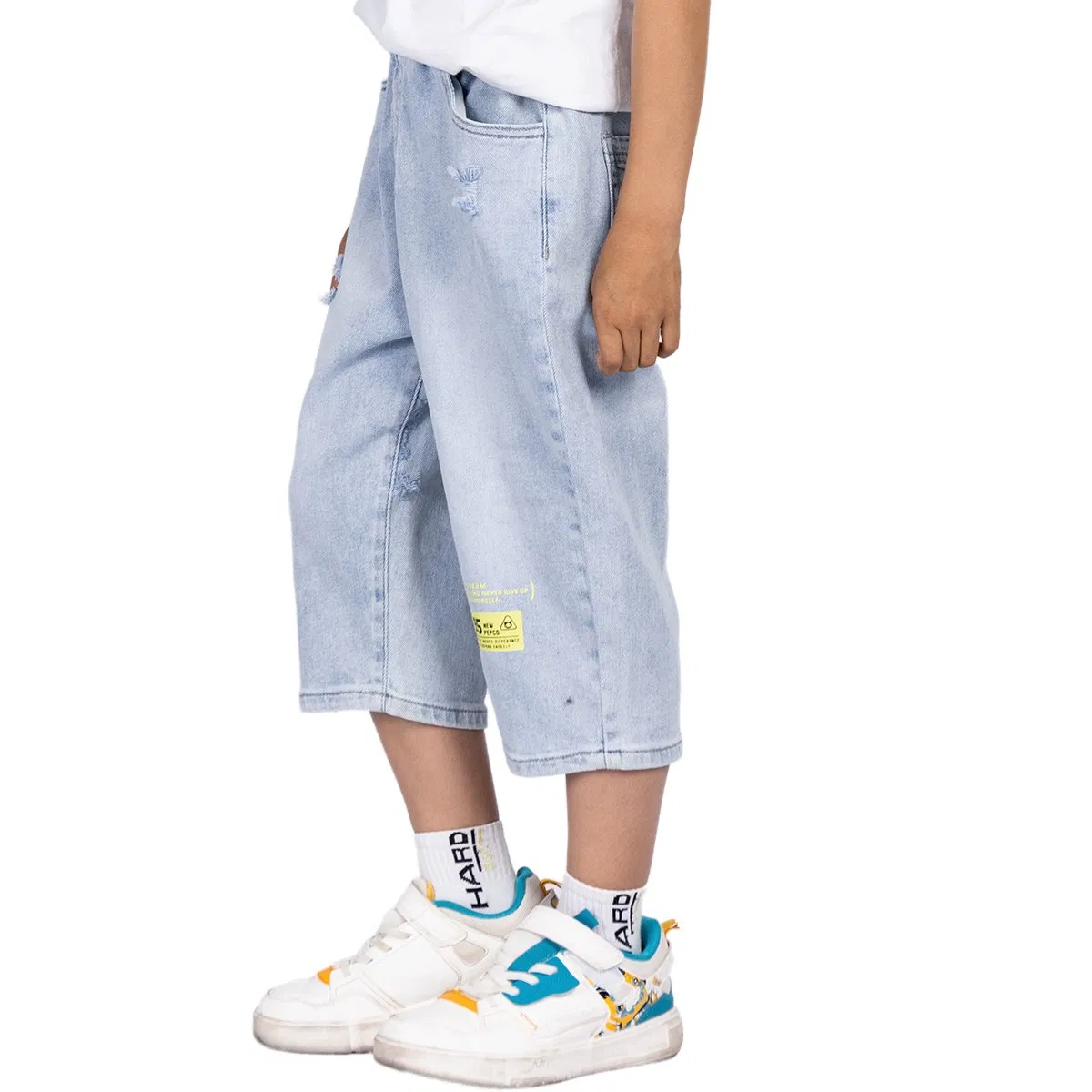 Calças infantis de algodão macio, denim lavado, azul claro, nove pontos de verão personalizadas