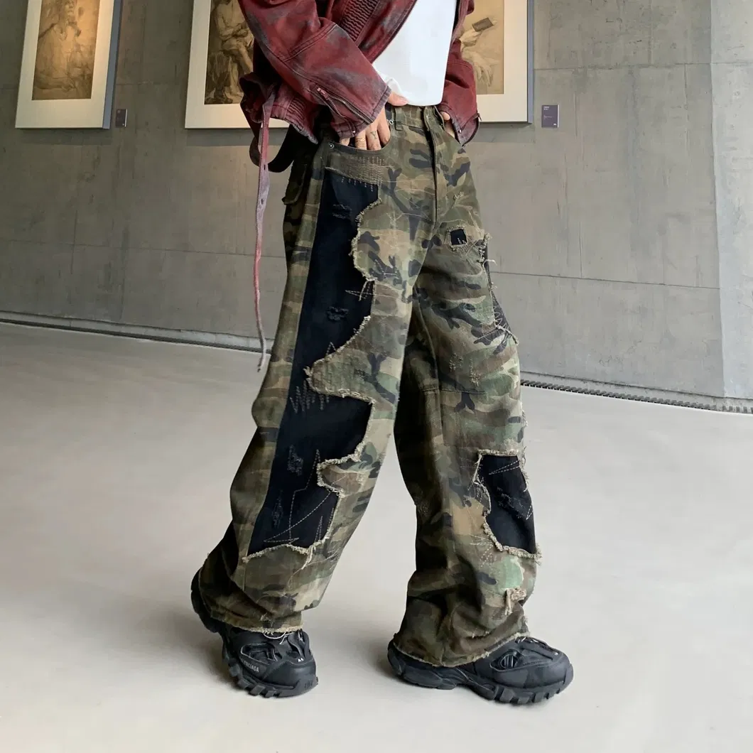 Calças de Camuflagem em Patchwork Retro American Street para Homens 2