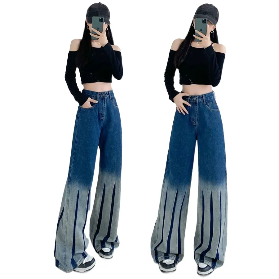 Calças de Denim Femininas de Largura Larga com Estampa Batik em Gradiente de Cores da Primavera e Outono, Design Relaxado com Corte Reto e Comprimento até o Chão