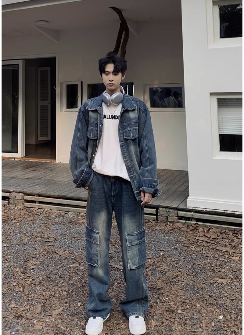 Calças casuais largas retas com bolsos grandes, macacão de denim para homens