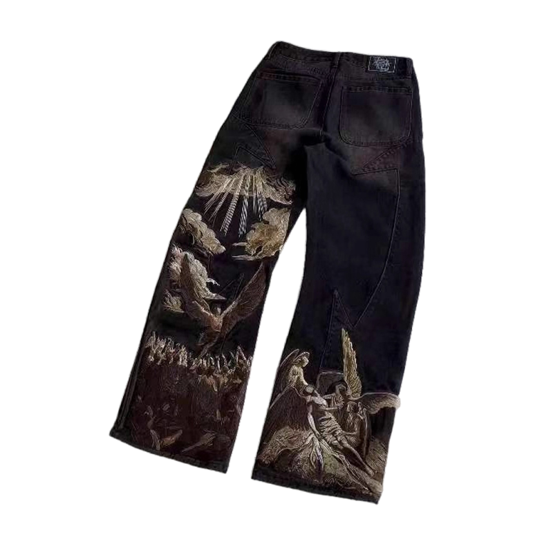 Calças jeans masculinas de denim pretas, oversized, de perna reta, acid washed, vintage, com impressão digital, atacado de alta qualidade