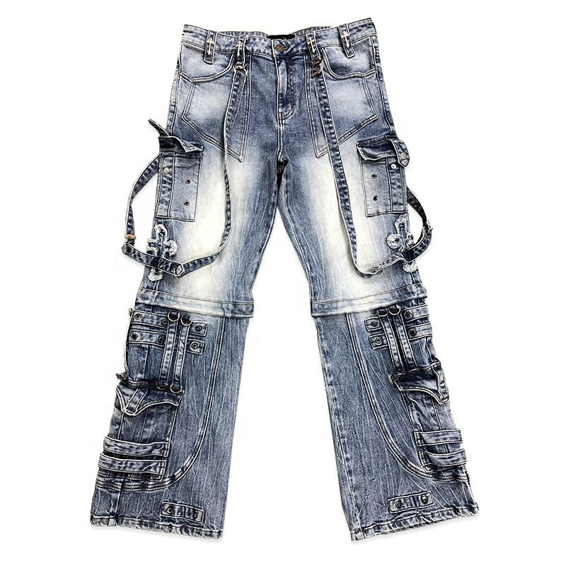 Calça Jeans Masculina Baggy de Lona com Patches de Couro Personalizados, Lavada, de Perna Larga, Moda, Jeans Reto, com Bordado em Aplique