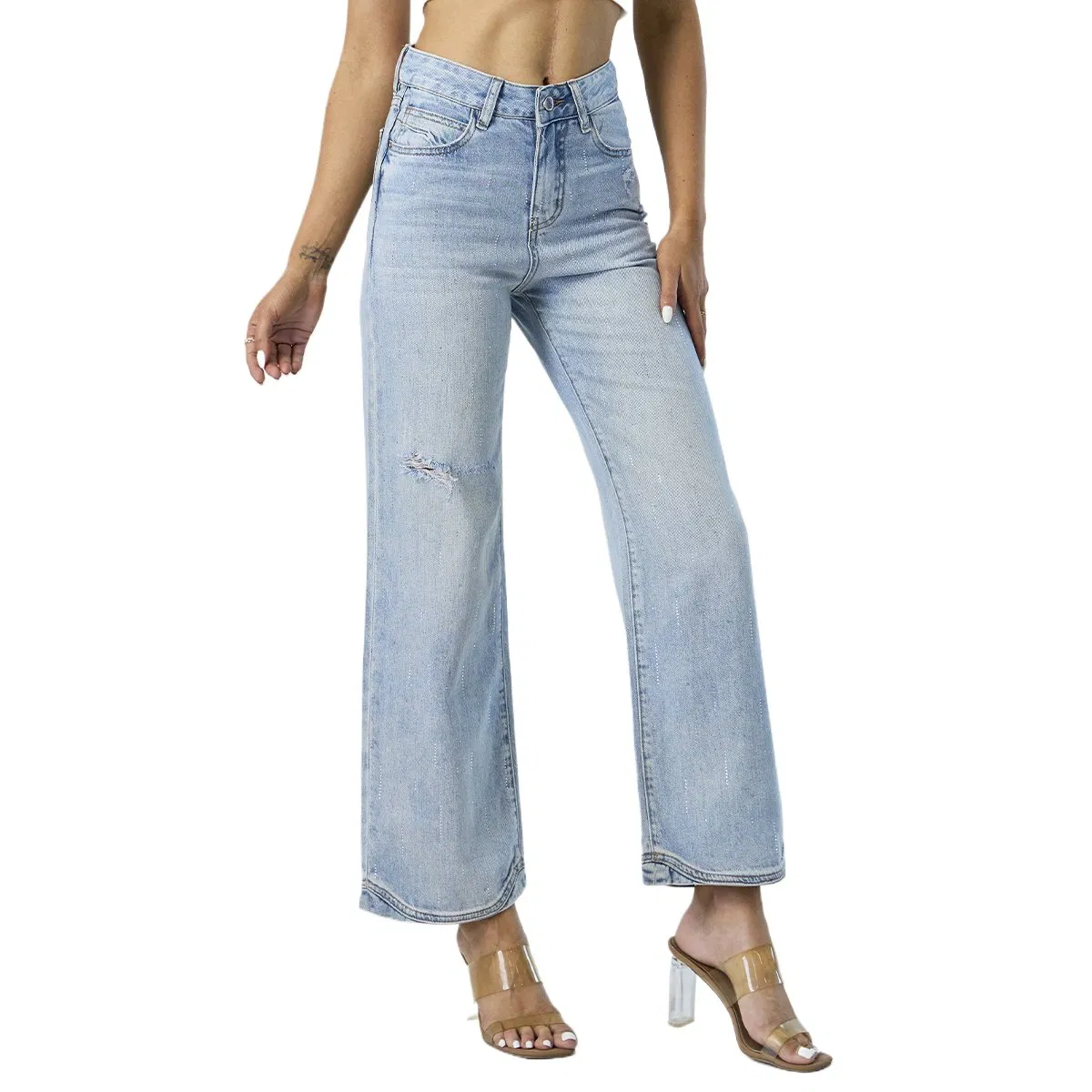 Calças de jeans mom de cintura alta, azuis, lavadas, soltas e casuais, com barra curvada para mulheres