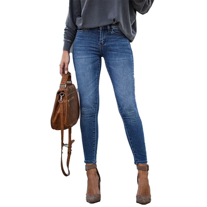 Calças femininas cropped jeans slim fit com cintura média e pernas pequenas