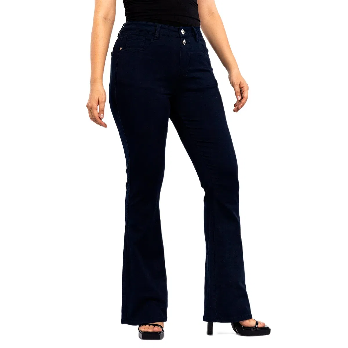 Calças casuais skinny flare azul escuro de dois botões para mulheres