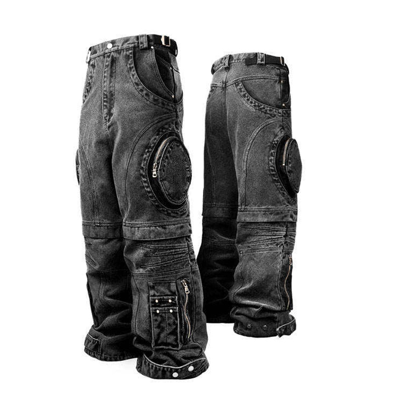 Fabricante OEM de Alta Qualidade Calças Cargo de Denim Punk Rock Hip-Hop Streetwear para Homens com Múltiplos Bolsos Grandes