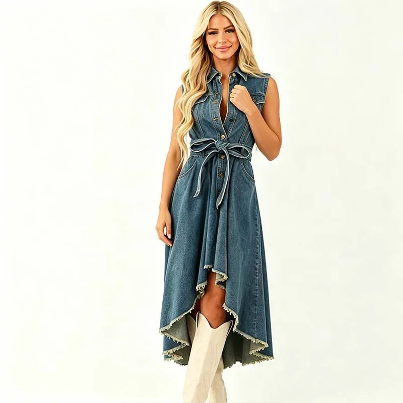 Vestido MIDI de mulher sem mangas estilo ocidental, com lapela, botão frontal, cinto de amarração na cintura, barra irregular assimétrica com franjas e bolsos, vestido casual de jeans estilo cowgirl