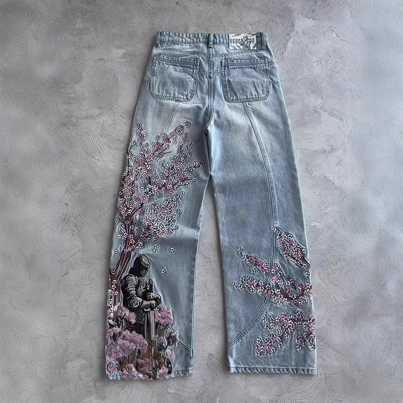 Jeans de Denim Masculinos Vintage Oversized de Perna Reta Acid Wash Azul 3D-Embroidered de Alta Qualidade por Atacado Hip-Hop