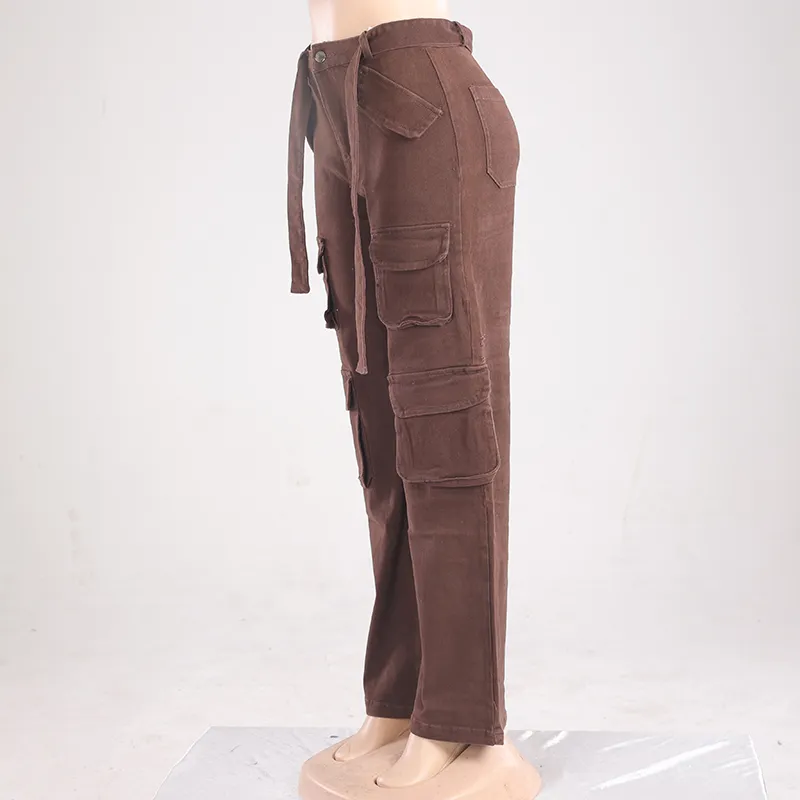 Calças de brim vintage femininas marrons de cintura alta, com pernas largas e múltiplos bolsos, calças cargo respiráveis, estilo de rua