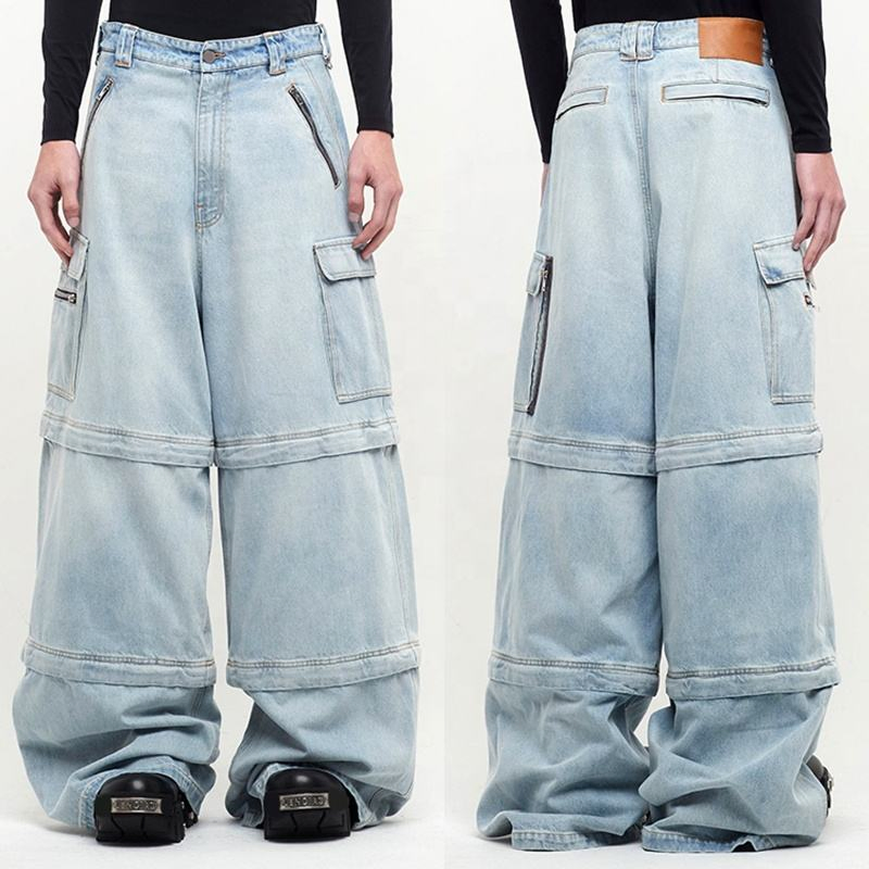 Calça Jeans Masculina Baggy de Lona com Patches de Couro Personalizados, Lavada, de Perna Larga, Moda, Jeans Reto, com Bordado em Aplique
