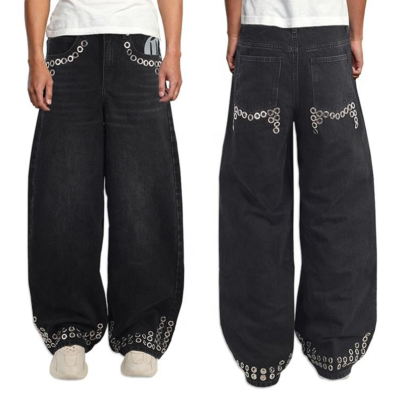 Calça Jeans Masculina Baggy de Lona com Patches de Couro Personalizados, Lavada, de Perna Larga, Moda, Jeans Reto, com Bordado em Aplique